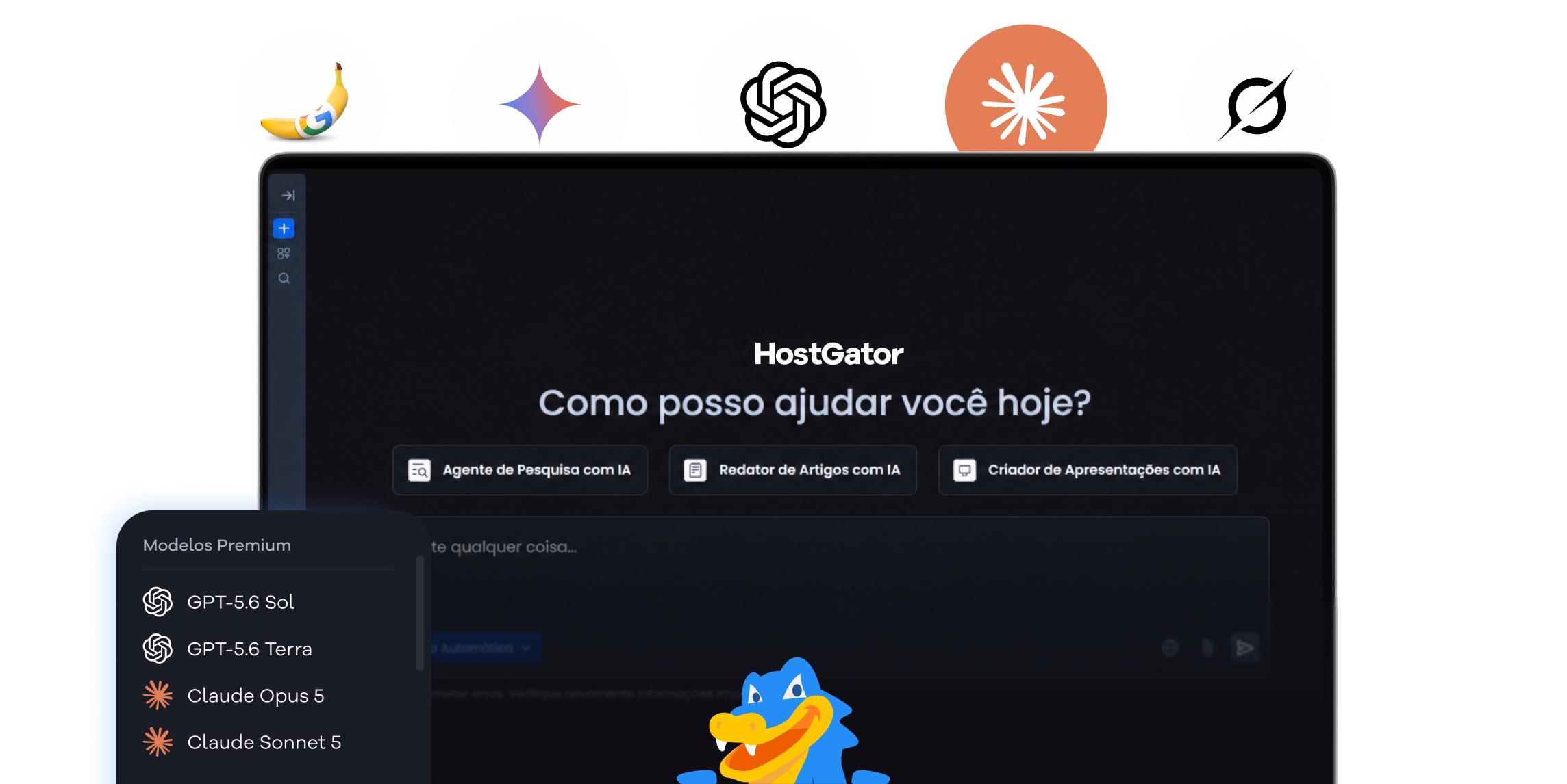 Interface do HostGator AllPass com logos de IAs e painel integrado